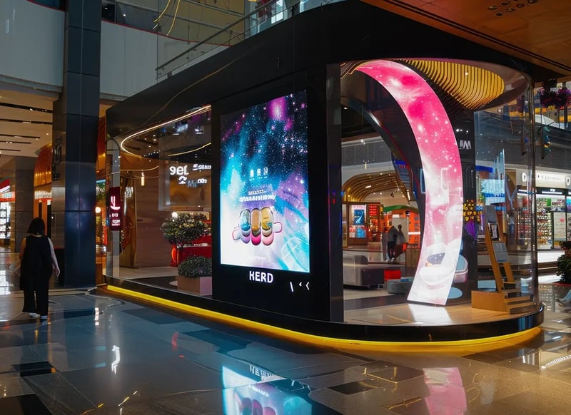 A sleek digital signage system in a busy mall displays vibrant ads on large LED screens and interactive kiosks, engaging shoppers and enhancing the retail experience