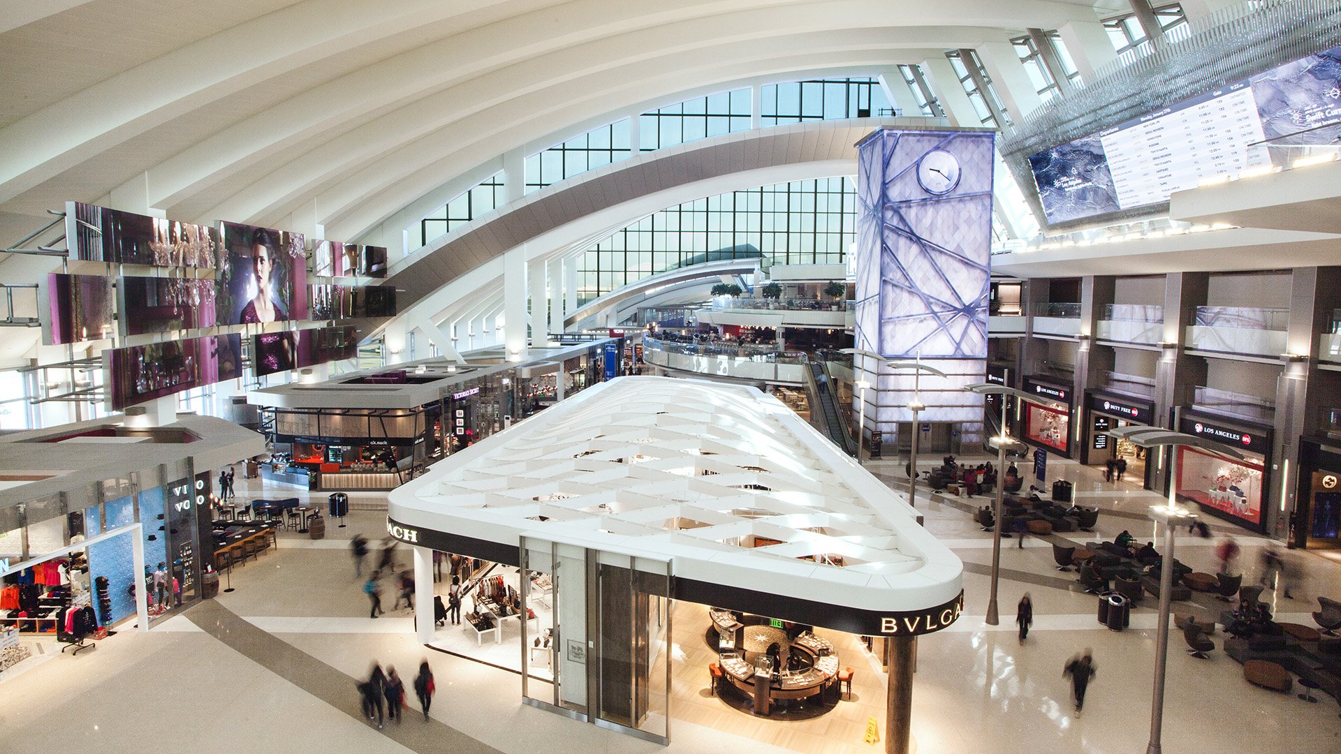 Tom Bradley International Terminal, showcasing its spacious, architecturally stunning design and vibrant, traveler-friendly atmosphere.