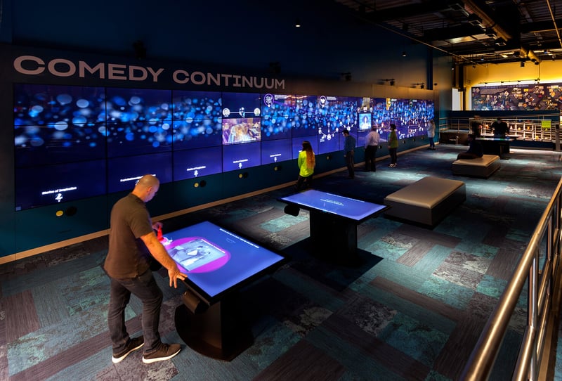 Guests interacting with a touch table and a large touch wall within a large exhibit space.